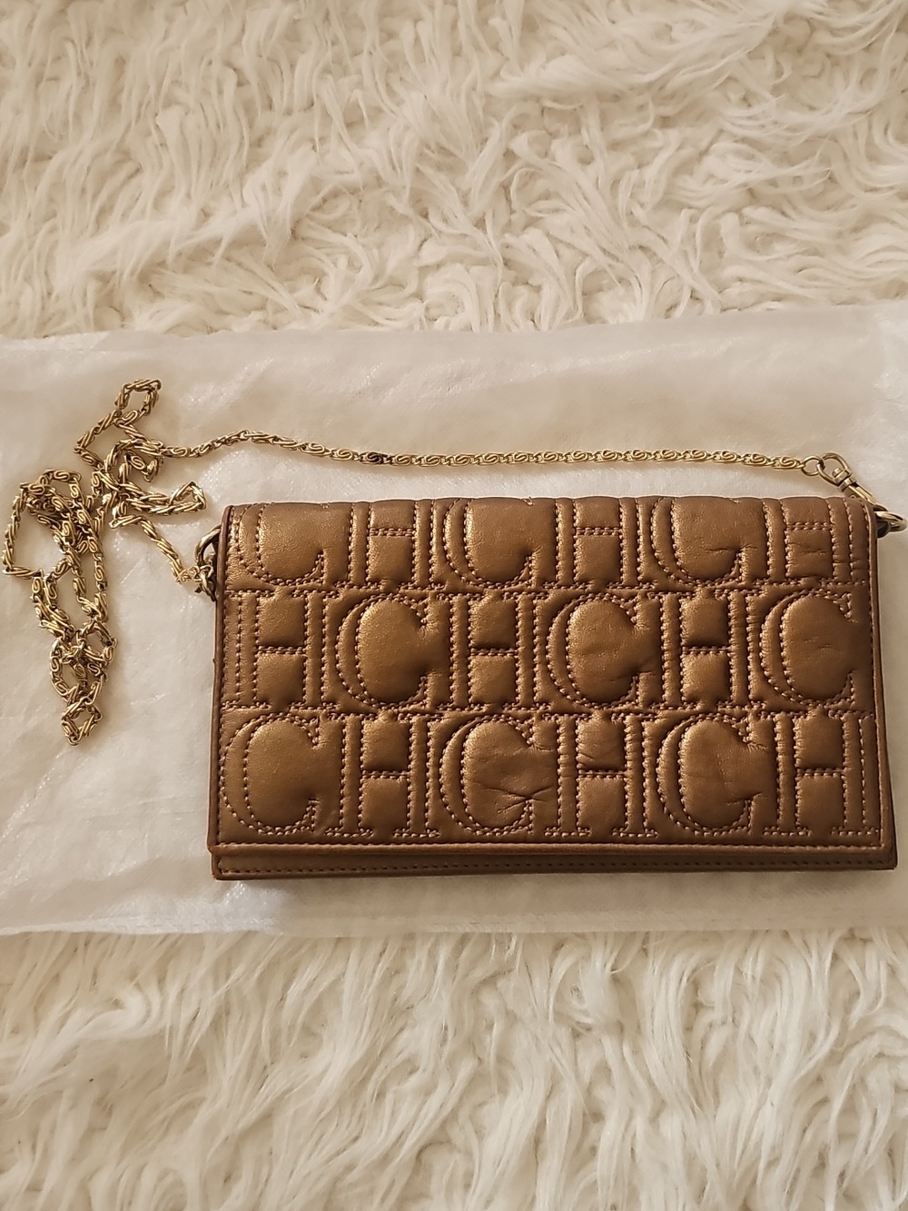 Carolina Herrera Metallic Bronze Quilted CH Logo Gold Chain Shoulder Bag Wallet